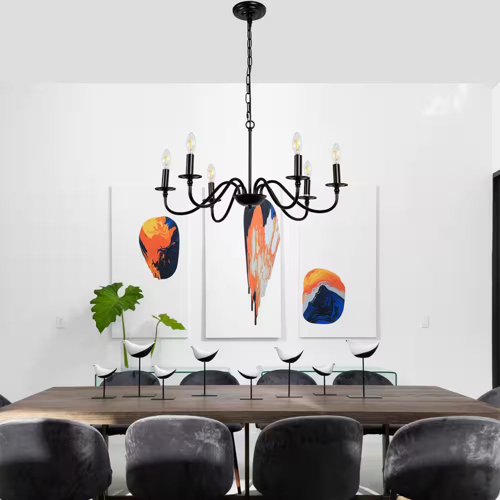6-Light Black Candle Rustic Industrial Iron Chandeliers for Dining Room Living Room