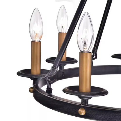 Hartwell 6-Light Antique Black Modern Farmhouse round Candlestick Chandelier with Brass Candle Sleeves