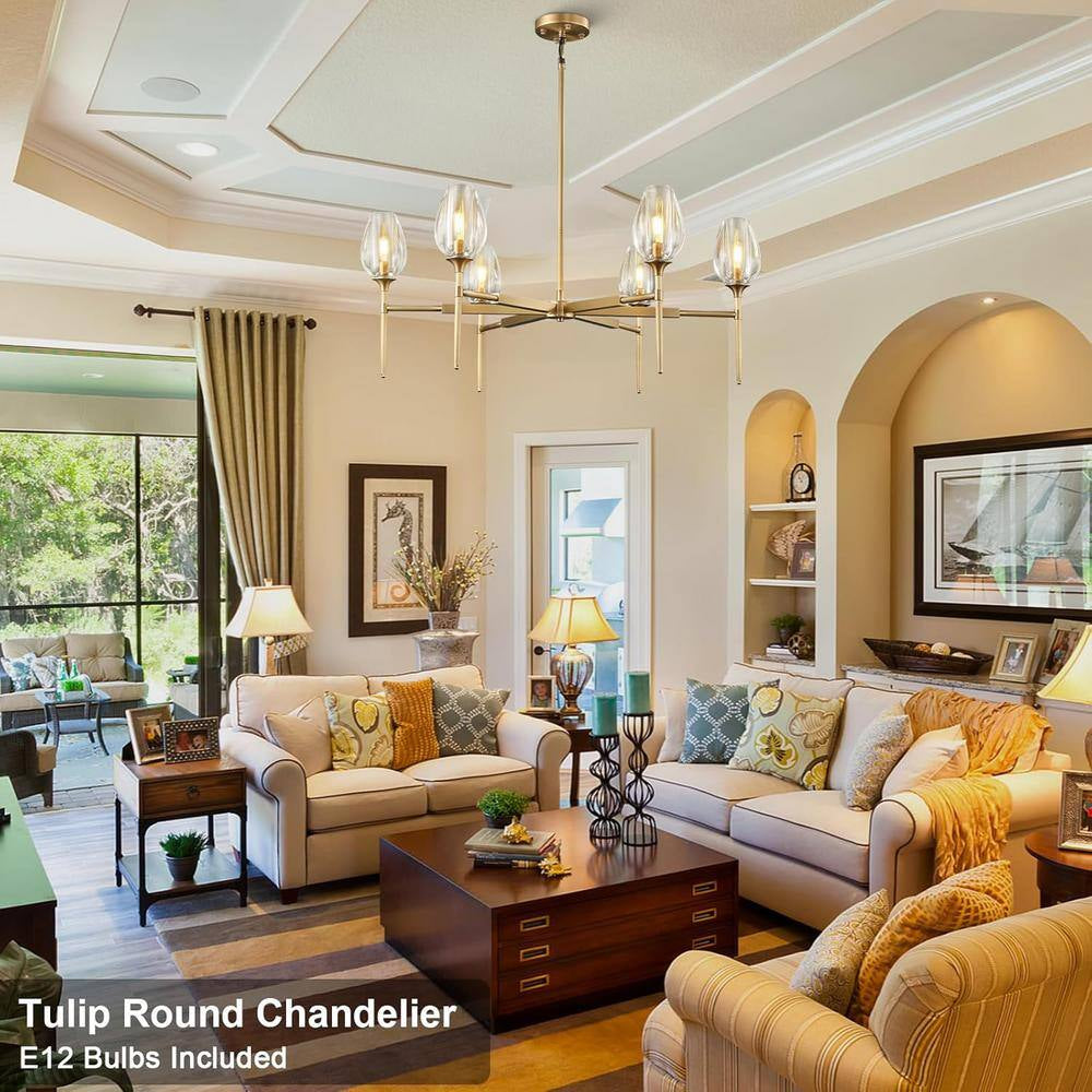 Modern Tulip Chandelier 42 In. 6-Light Gold Tulip round Chandelier for Dining Room, Living Room, Foyer, Hallway