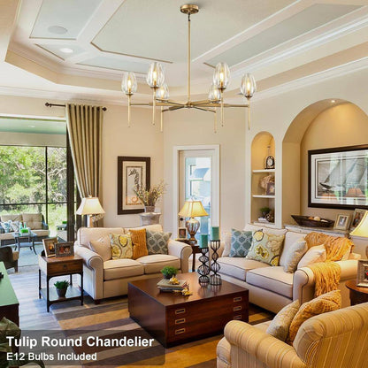 Modern Tulip Chandelier 42 In. 6-Light Gold Tulip round Chandelier for Dining Room, Living Room, Foyer, Hallway