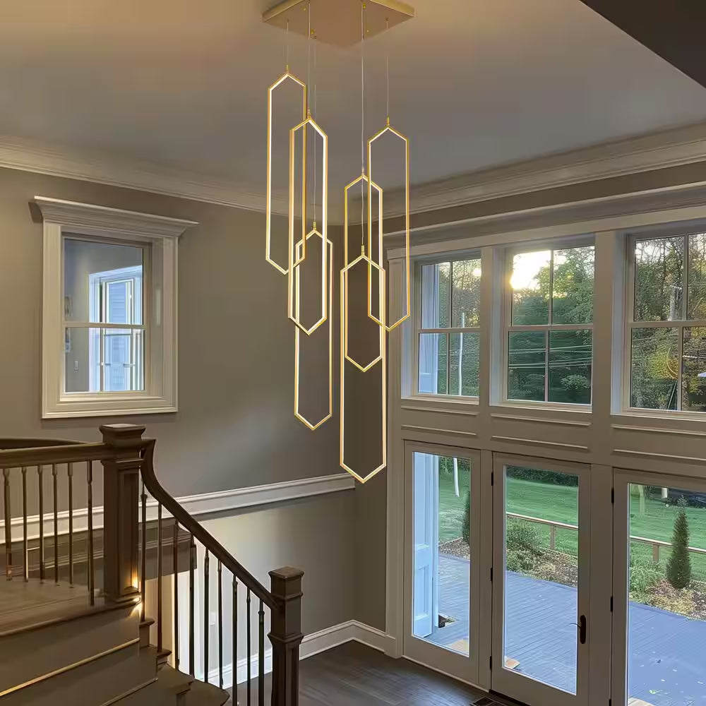 6-Light Modern Dimmable Integrated LED Geometric Gold Chandelier High Ceiling Chandelier for Staircase Foyer Living Room