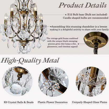 18 In. 5-Light Antique Gold Classic/Traditional Crystal Chandelier Glam Lighting Fixture