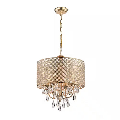 Marya 4-Light Modern Gold round Chandelier with Beaded Drum Shade /Hanging Clear Glass Crystals