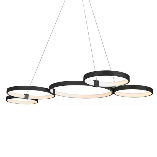Capella 80-Watt ETL Certified Integrated LED Black Chandelier Height Adjustable 50 In. Pendant Light with 5 LED Circles