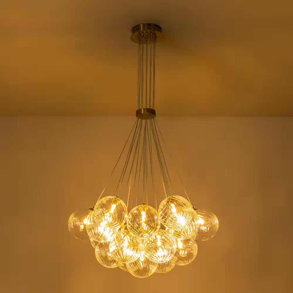 Bolton 19-Light Brass Modern Bubble Cluster, Sputnik Globe Bubble Chandelier with Swirled Glass Shades for Living Room