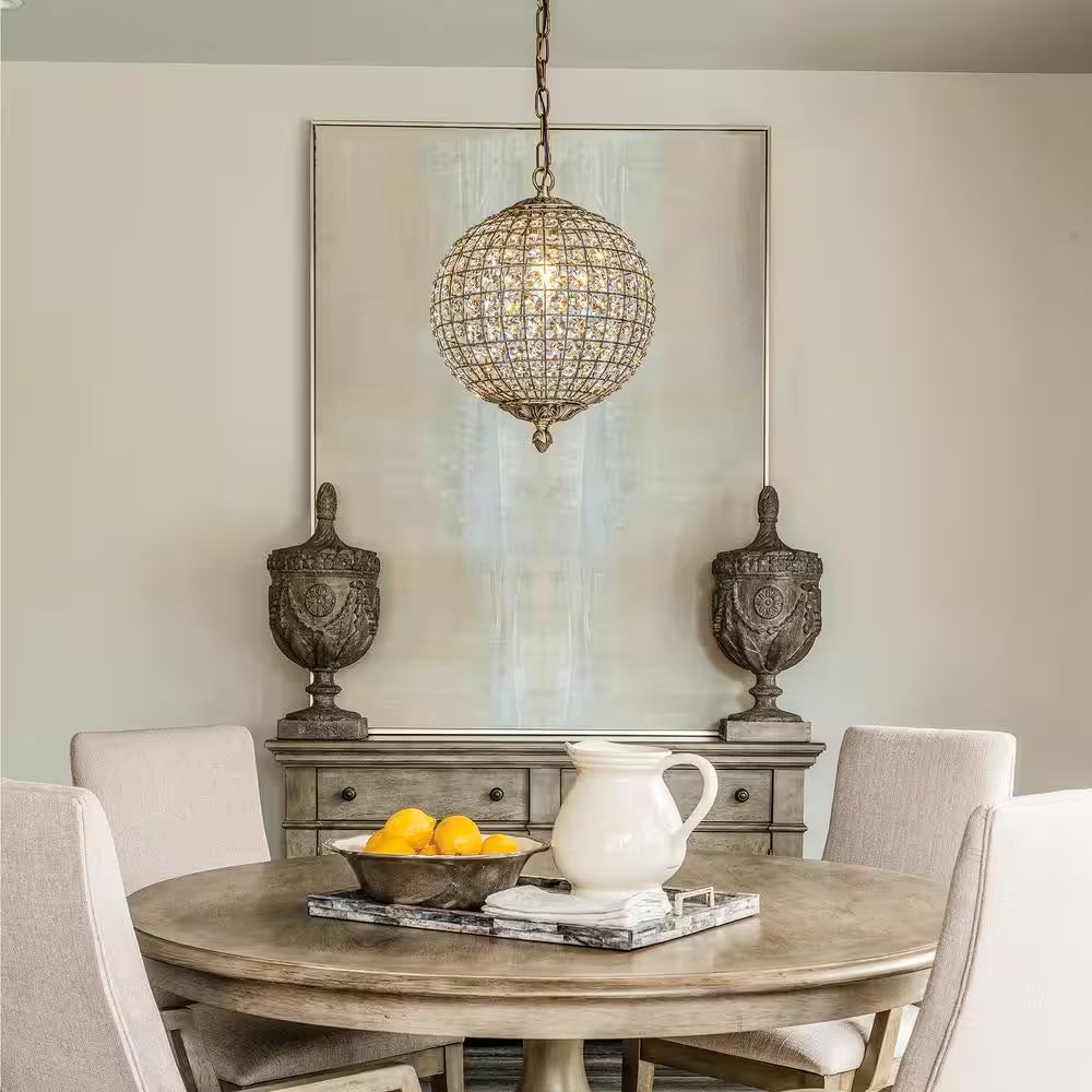 12 In. 1-Light Retro Antique Gold Crystal Globe Chandelier Small Sphere Pendant Light