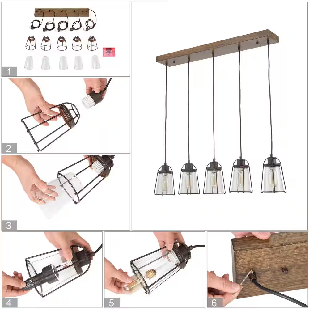Modern Farmhouse Dining Room Chandelier 5-Light Rustic Bronze Chandelier for Kitchen Island with Faux Wood Accent