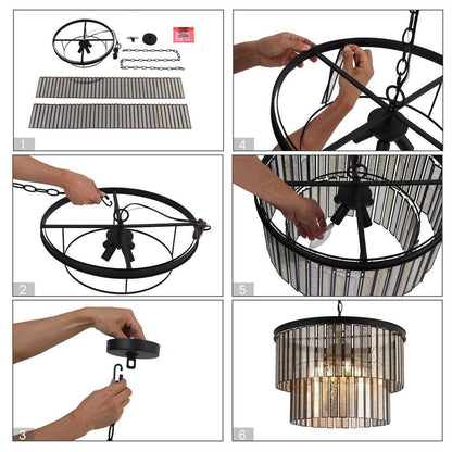 Hemera 4-Light Black Modern Drum Chandelier with 2-Tier Plated Mercury Glass Shade Living Room Silvered Hanging Light