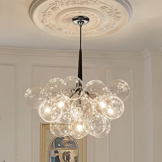 Alma 6-Light 24.8 In.W Silver and Black Cluster Bubble Chandelier with Clear Glass and Leather, LED Bulbs Included