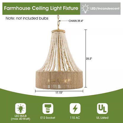 Farmhouse 17.7 In. 4-Light Antique Gold Empire Wood Beaded Chandelier with Jute Rope Shade