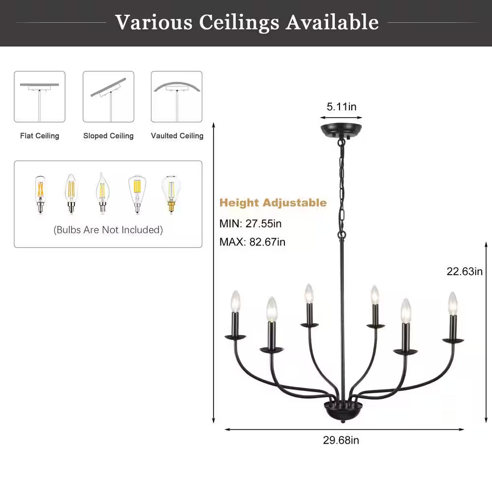 6-Light Black Linear Chandelier for Dining Room, French Country Candlestick Chandelier