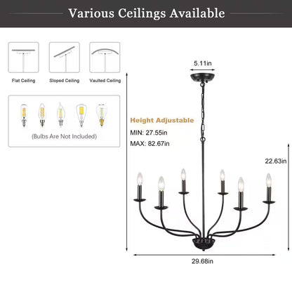 6-Light Black Linear Chandelier for Dining Room, French Country Candlestick Chandelier