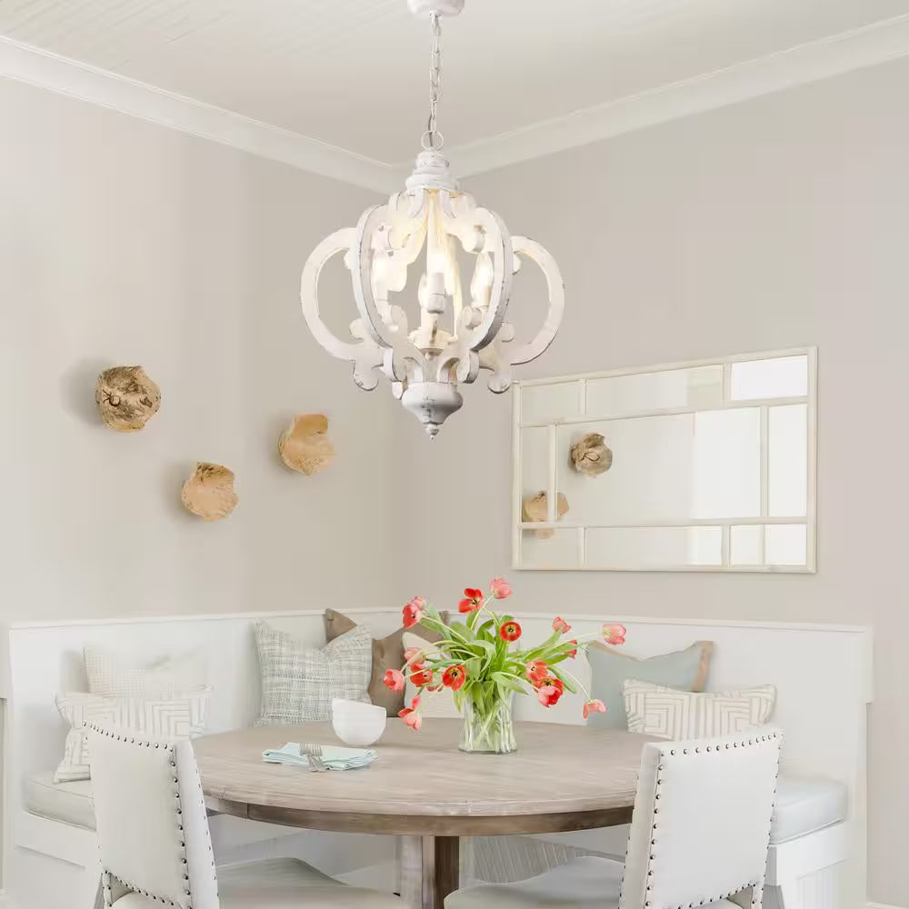 6-Light Distressed White Cottage Chic Crown Chandelier with Farmhouse Wooden Pendant