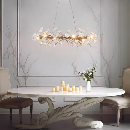 Modern Gold Bedroom Kitchen Chandelier Light, 32 In. 6-Light Linear Dining Room Hanging Light with White Ceramic Flowers