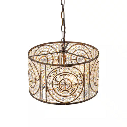 Iridescent 4-Light Vintage Crystal Drum Antique Bronze Chandelier Retro Classic Medium Lighting Fixture for Dining Room