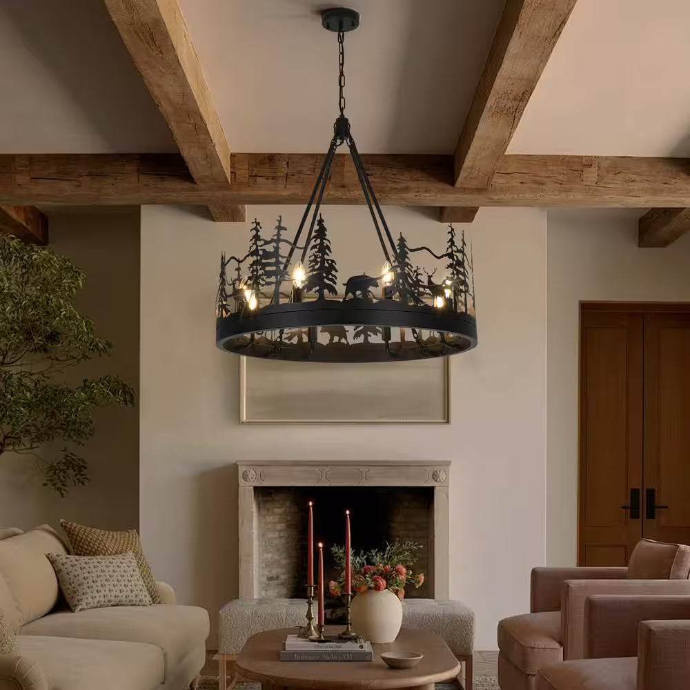 8-Light Black Ambient Rustic Chandelier Wagon Wheel Farmhouse Chandelier for Dining Living Room Foyer