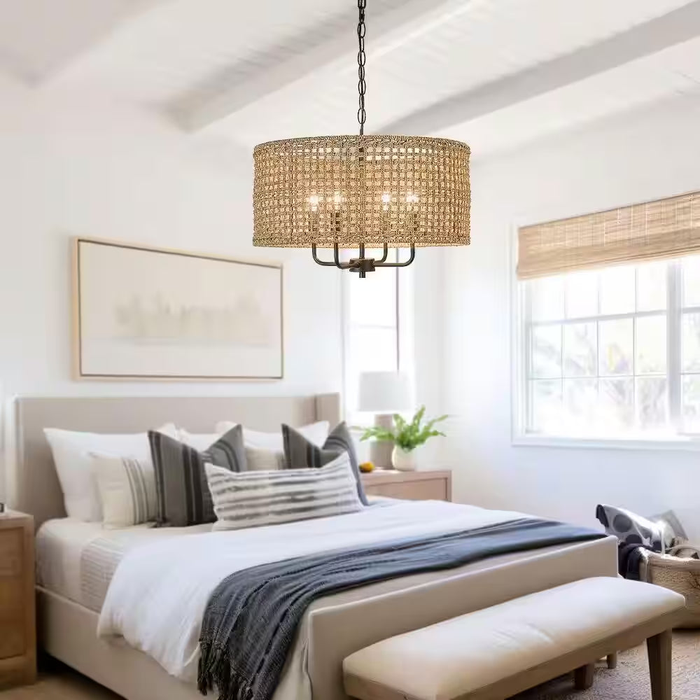 Cape 20 In. 4-Light Bohemian Drum Chandelier with Straw Hand Woven Shade