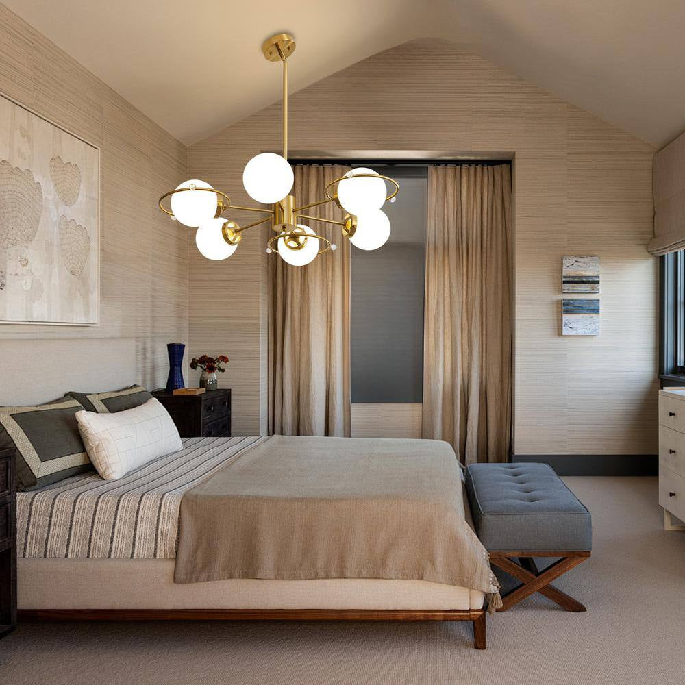 Modern 6-Light Gold Sputnik Chandeliers with Milk White Glass Shade and Height Adjustable, Bulbs Not Included