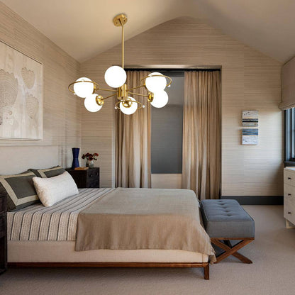 Modern 6-Light Gold Sputnik Chandeliers with Milk White Glass Shade and Height Adjustable, Bulbs Not Included