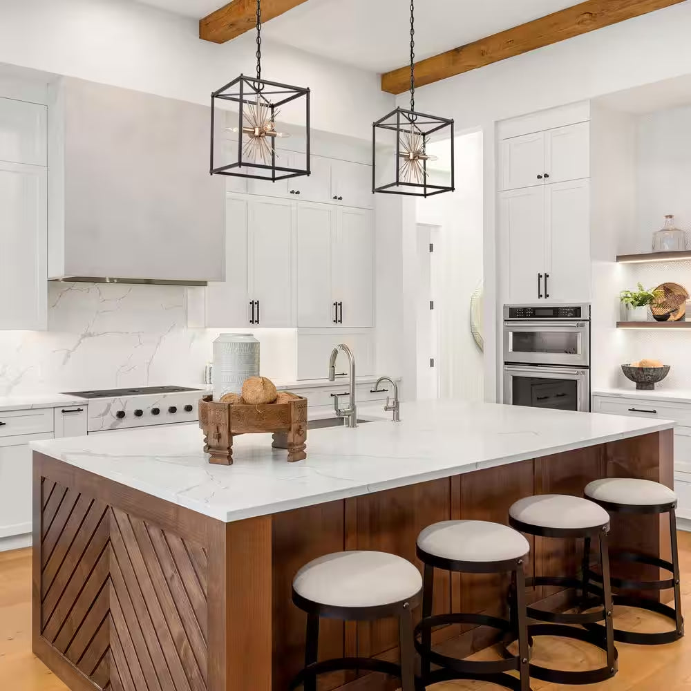 Transitional Kitchen Island Pendant Light 4-Light Black and Brass Cage Pendant Light