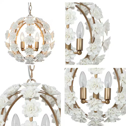 3-Light Gold Globe Chandelier with White Ceramic Flowers