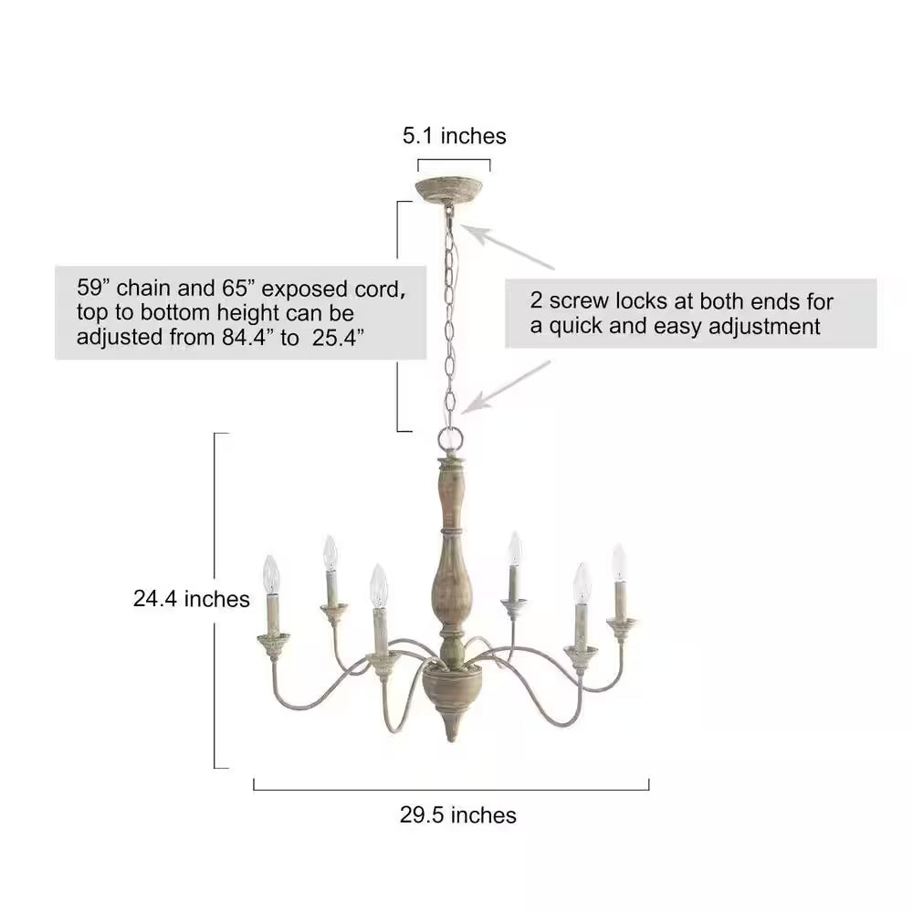 6-Light Rustic Farmhouse Wood Chandelier 29.5 In. W with Antique White French Country Accents and Classic Candle Style
