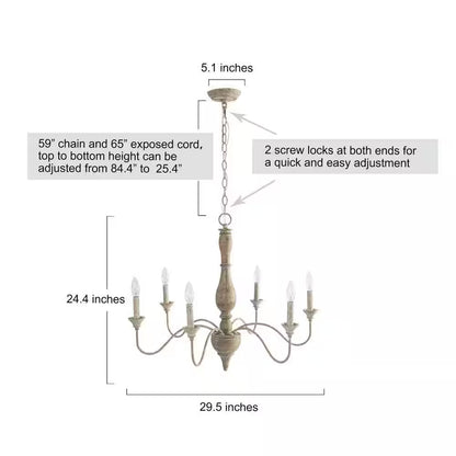 6-Light Rustic Farmhouse Wood Chandelier 29.5 In. W with Antique White French Country Accents and Classic Candle Style