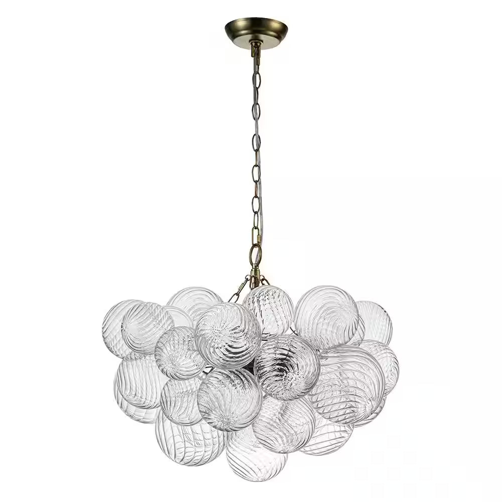 Neuvy 3-Light 23.6 In. W Brass Chandelier with Swirled-Glass Orb Cluster Bubble Ribbed Glass Chandelier for Living Room