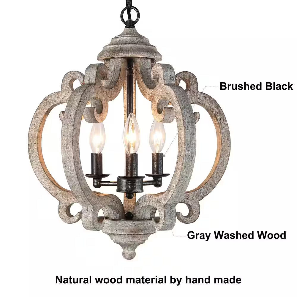Globe Wood Chandelier Washed Gray round Pendant 3-Light Farmhouse Candlestick Chandelier Rustic Hanging Lantern