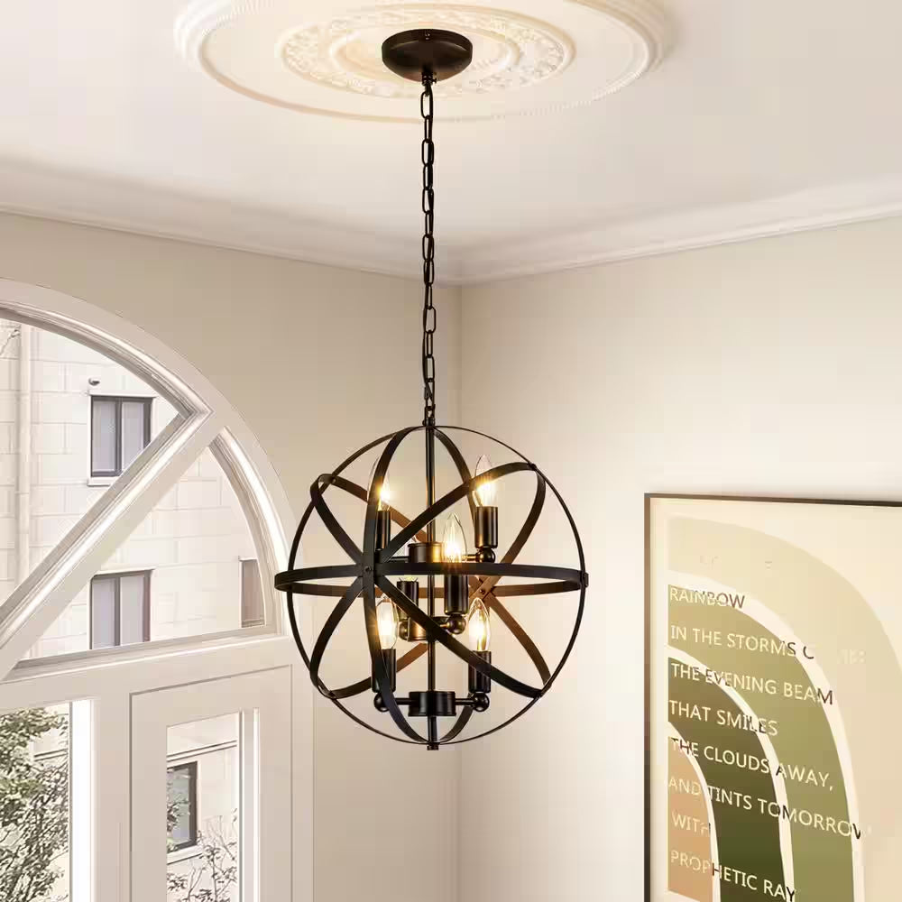 6-Lights Modern Black Candle Orb Chandelier Contemporary Candle Globe Chandelier with Metal Shade