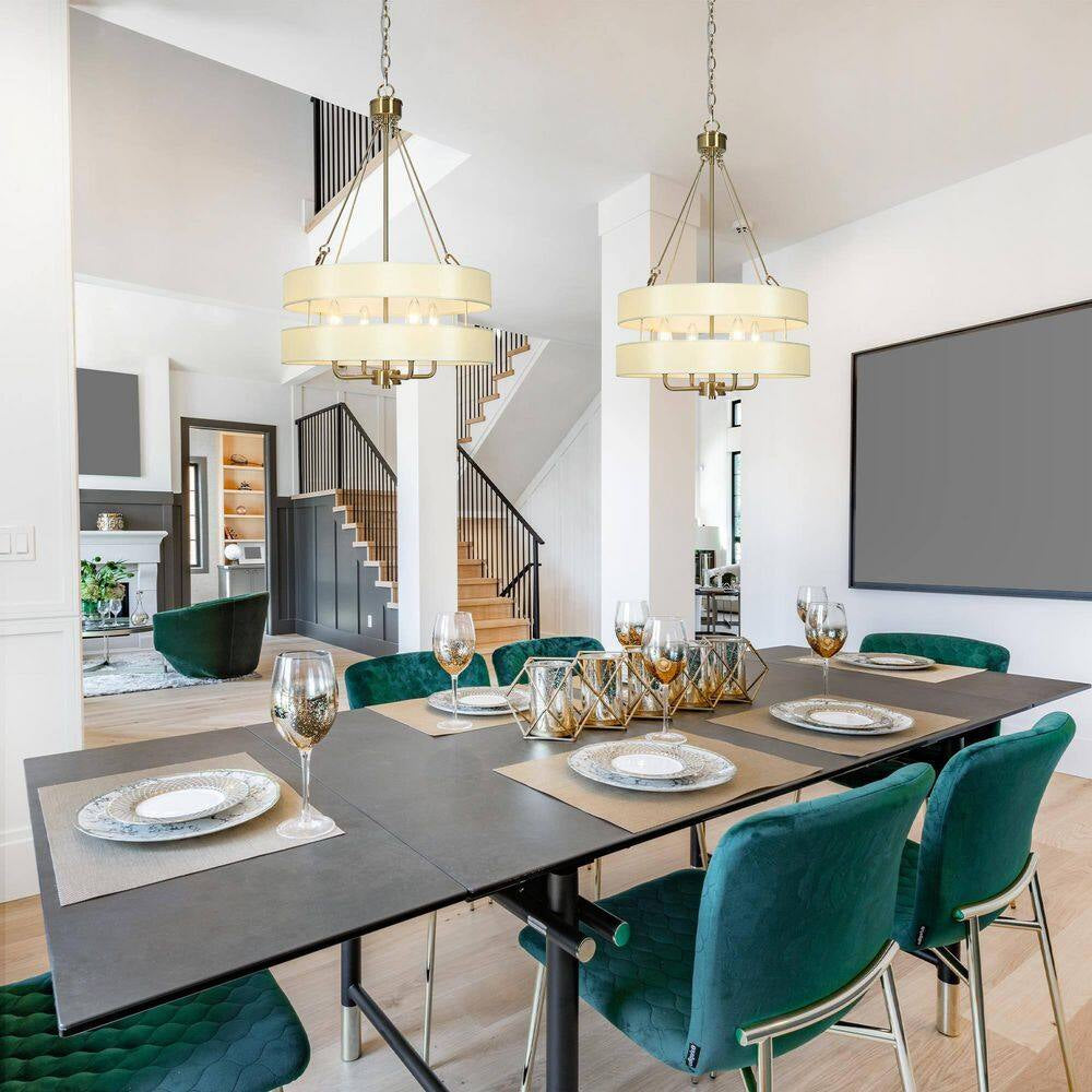Transitional Brass Dining Room Drum Chandelier with Fabric Shade, 4-Light Craftsman Kitchen Island Bedroom Chandelier