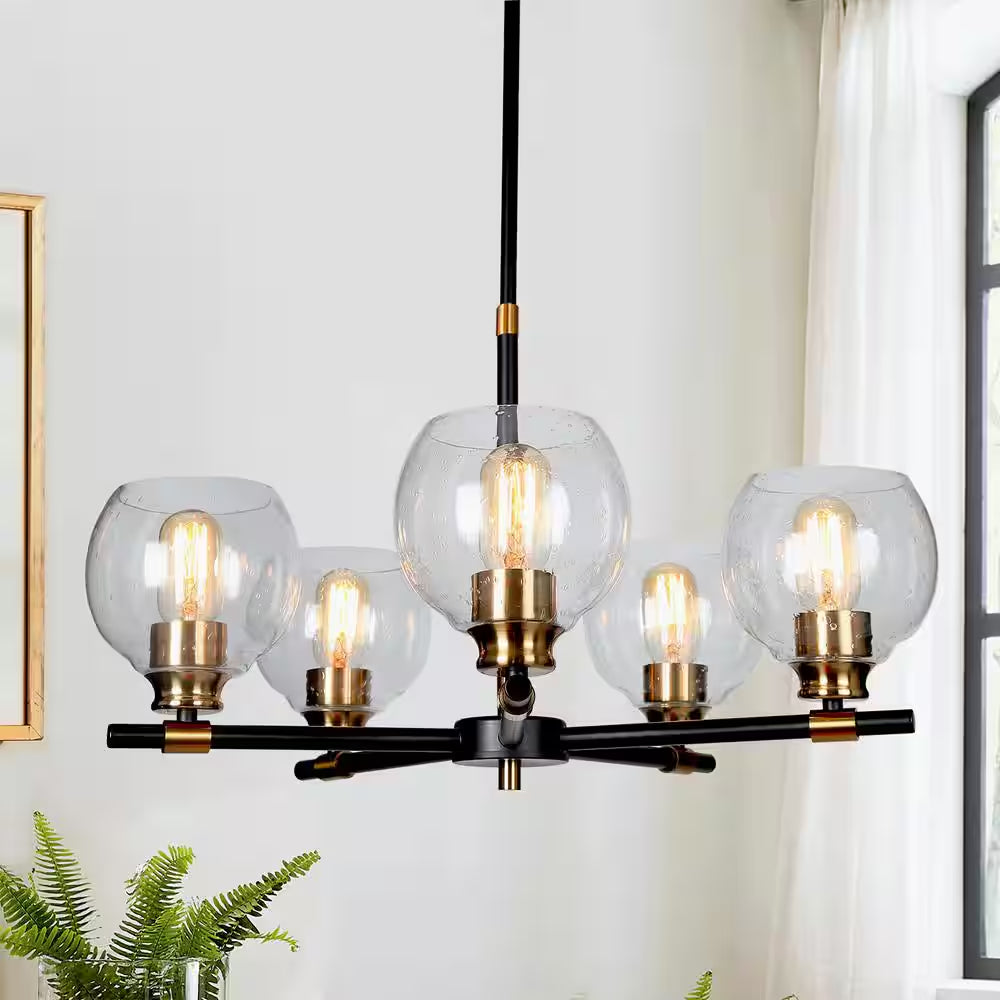 Transitional Sputnik Dining Room Chandelier 5-Light Modern Black and Gold Candle Chandelier with Seeded Glass Shades