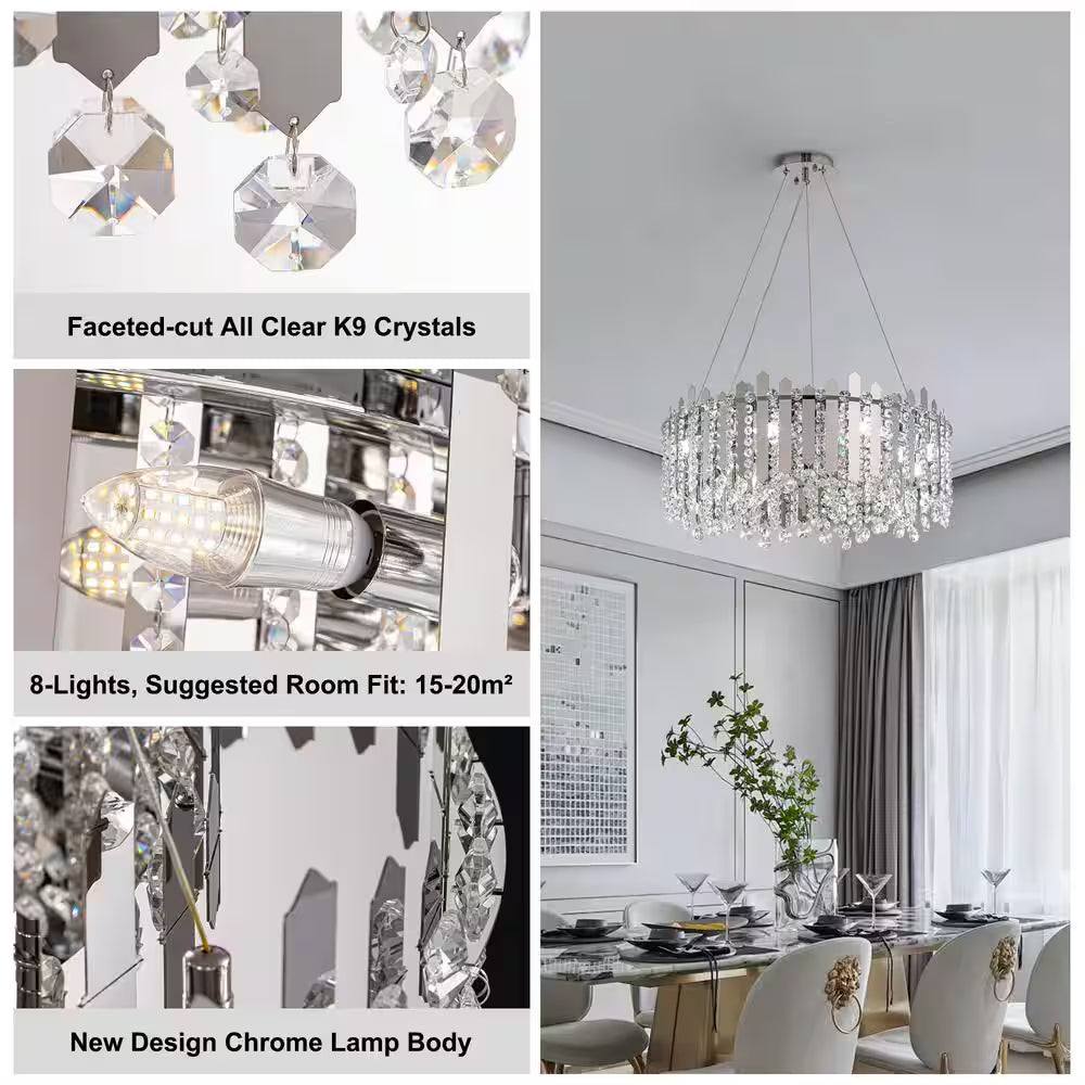 23.6 In. Modern 8-Light Chrome Crystal Chandelier Circle round 2-Tiers Chandelier for Dining Living Room Bedroom