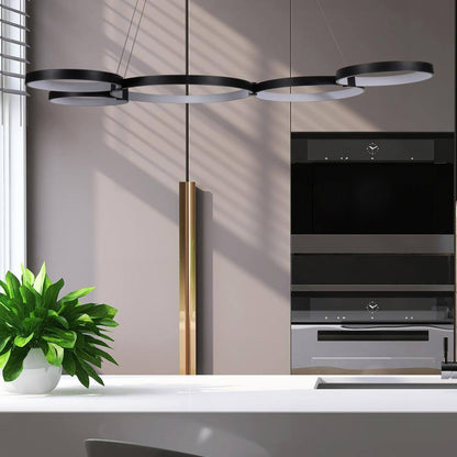 Capella 80-Watt ETL Certified Integrated LED Black Chandelier Height Adjustable 50 In. Pendant Light with 5 LED Circles