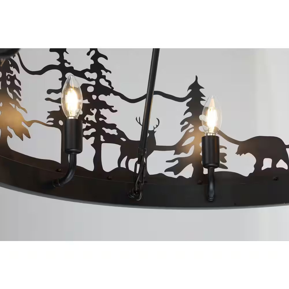 8-Light Black Ambient Rustic Chandelier Wagon Wheel Farmhouse Chandelier for Dining Living Room Foyer