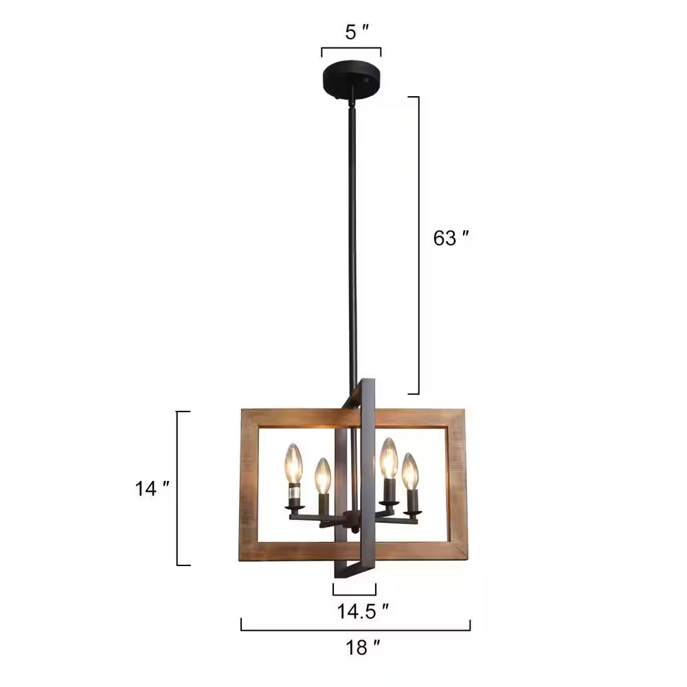 Farmhouse 4-Light Solid Wood Candlestick Chandelier with Black Frame Cottage Ceiling Light for Kitchen Island