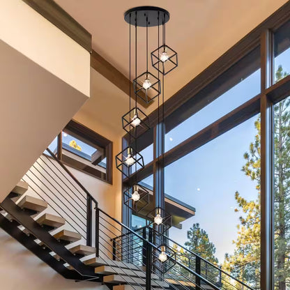 Rekha 7 Light Stairway Chandelier Black Geometric Cluster Pendant, Adjustable Cube Height, Staircase Minimalist Lamp