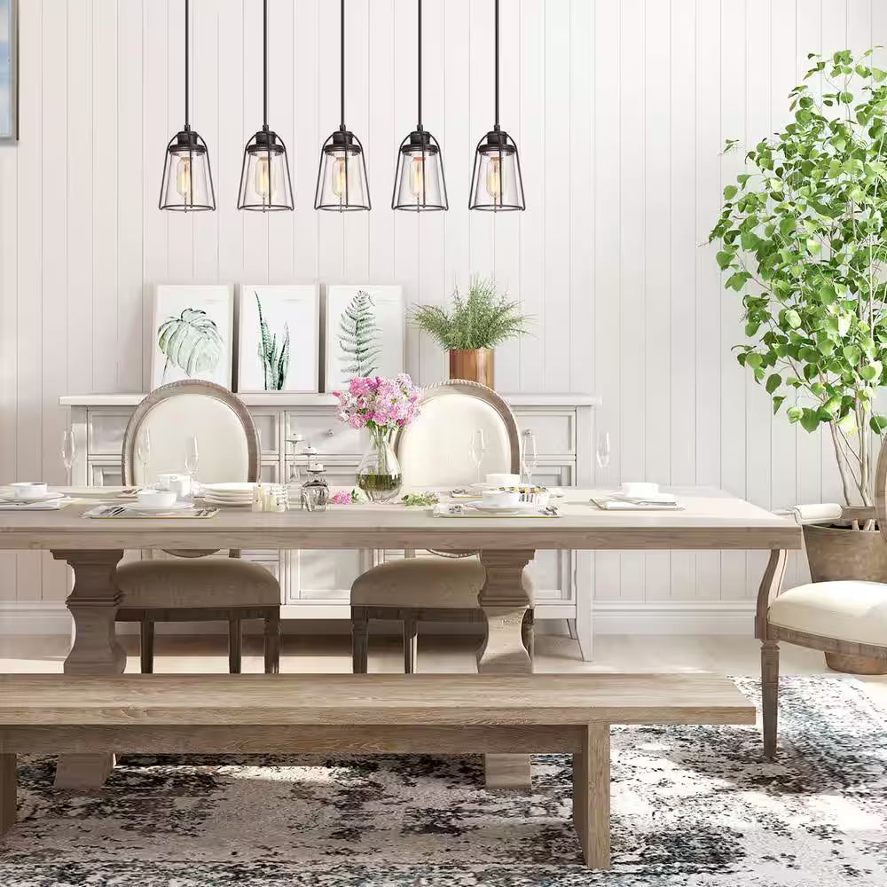Modern Farmhouse Dining Room Chandelier 5-Light Rustic Bronze Chandelier for Kitchen Island with Faux Wood Accent