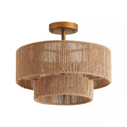 15.4 In. 3-Light Bohemian Antique Gold Two-Tier Drum Semi- Flush Mount with Natural Jute Rope Shade