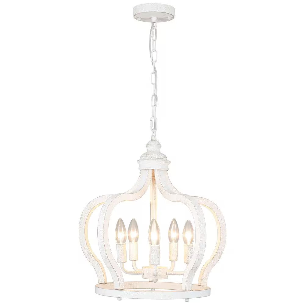 5-Light Vintage White Cottage Chic Crown Chandelier Farmhouse Wooden Pendant