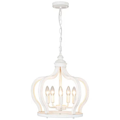 5-Light Vintage White Cottage Chic Crown Chandelier Farmhouse Wooden Pendant