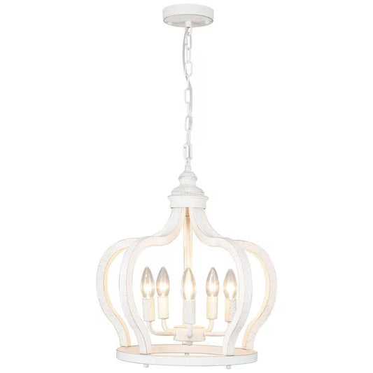5-Light Vintage White Cottage Chic Crown Chandelier Farmhouse Wooden Pendant