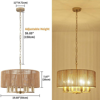 6-Light Natural and Gold Rattan Bohemian Drum Chandelier for Living Room Kitchen