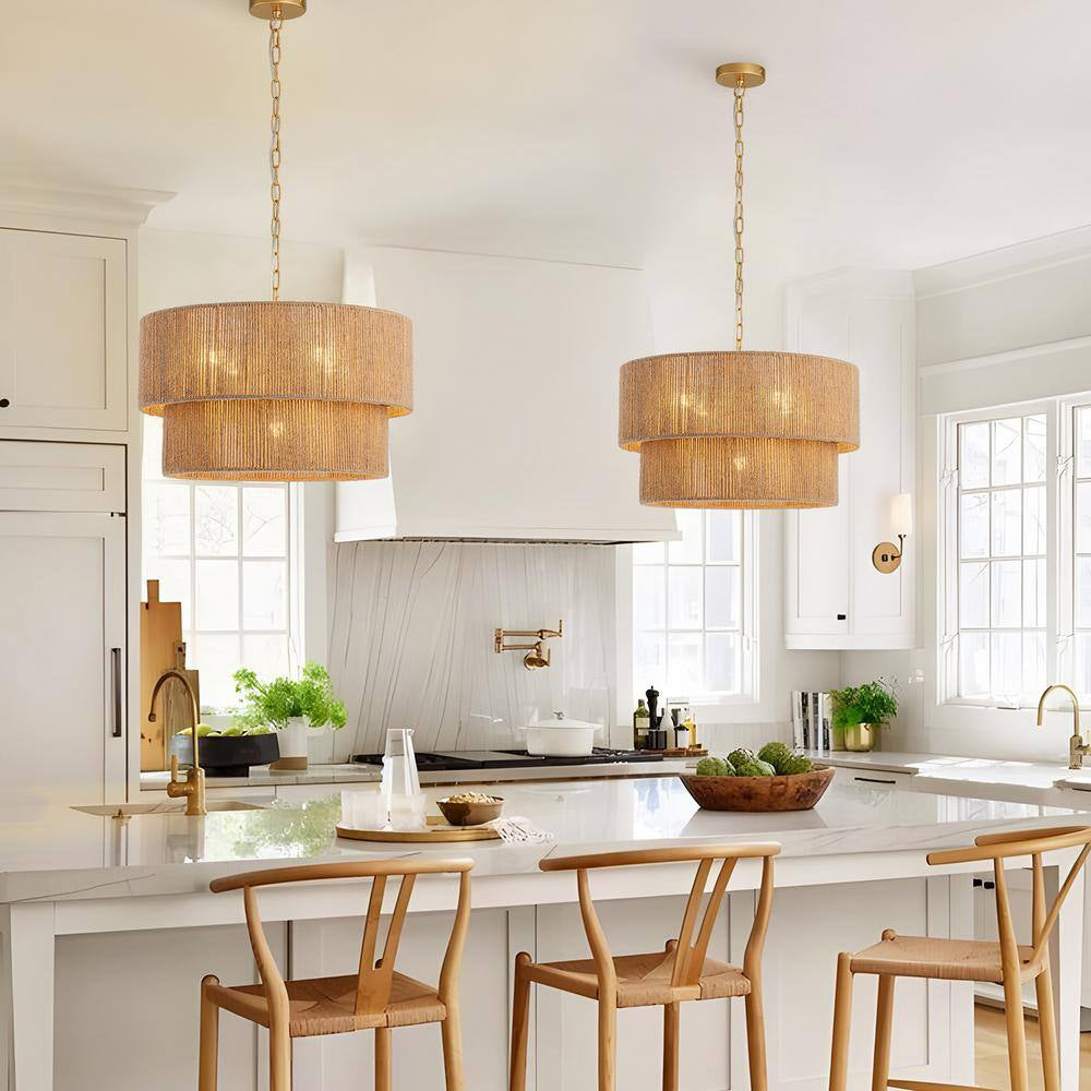 5-Light Yellow Bohemian 2-Tier Hand-Woven Rattan Drum Chandelier