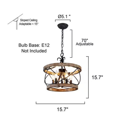 Farmhouse 5-Light Weathered Wood Cage Rustic Chandelier, Adjustable Height Industrial Pendant Dining Room Ceiling Light