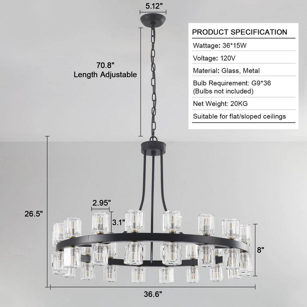 36.6 In. 36-Light Black Glass Crystal Modern Industrial Wagon Wheel Chandelier for Dining Living Room Foyer Staircase