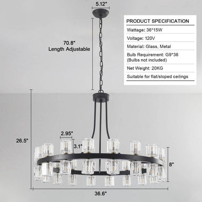 36.6 In. 36-Light Black Glass Crystal Modern Industrial Wagon Wheel Chandelier for Dining Living Room Foyer Staircase