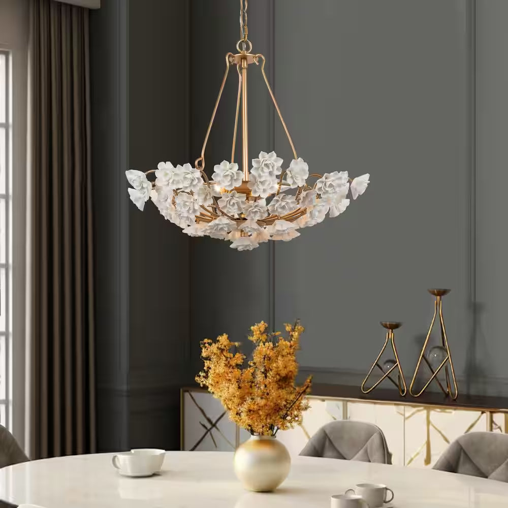 Modern Brass Gold Island Chandelier Light 3-Light round Chandelier Light with Ceramic Flowers