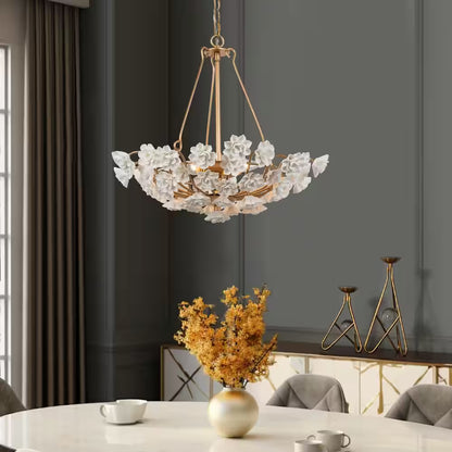 Modern Brass Gold Island Chandelier Light 3-Light round Chandelier Light with Ceramic Flowers