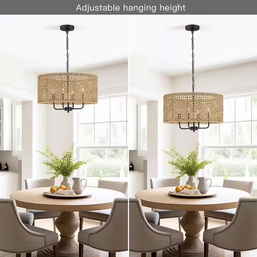 Cape 20 In. 4-Light Bohemian Drum Chandelier with Straw Hand Woven Shade